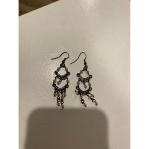 Black Metal Chandelier Earrings – White Beads
